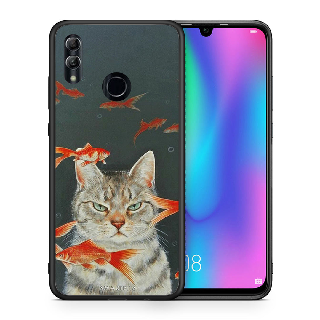 Θήκη Honor 8x Cat Goldfish από τη Smartfits με σχέδιο στο πίσω μέρος και μαύρο περίβλημα | Honor 8x Cat Goldfish case with colorful back and black bezels