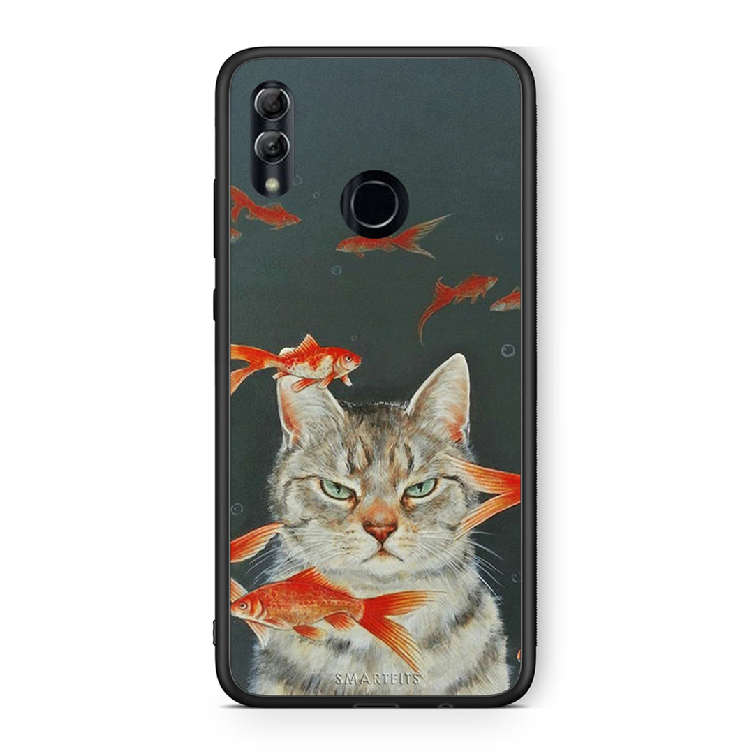 Honor 8x Cat Goldfish θήκη από τη Smartfits με σχέδιο στο πίσω μέρος και μαύρο περίβλημα | Smartphone case with colorful back and black bezels by Smartfits