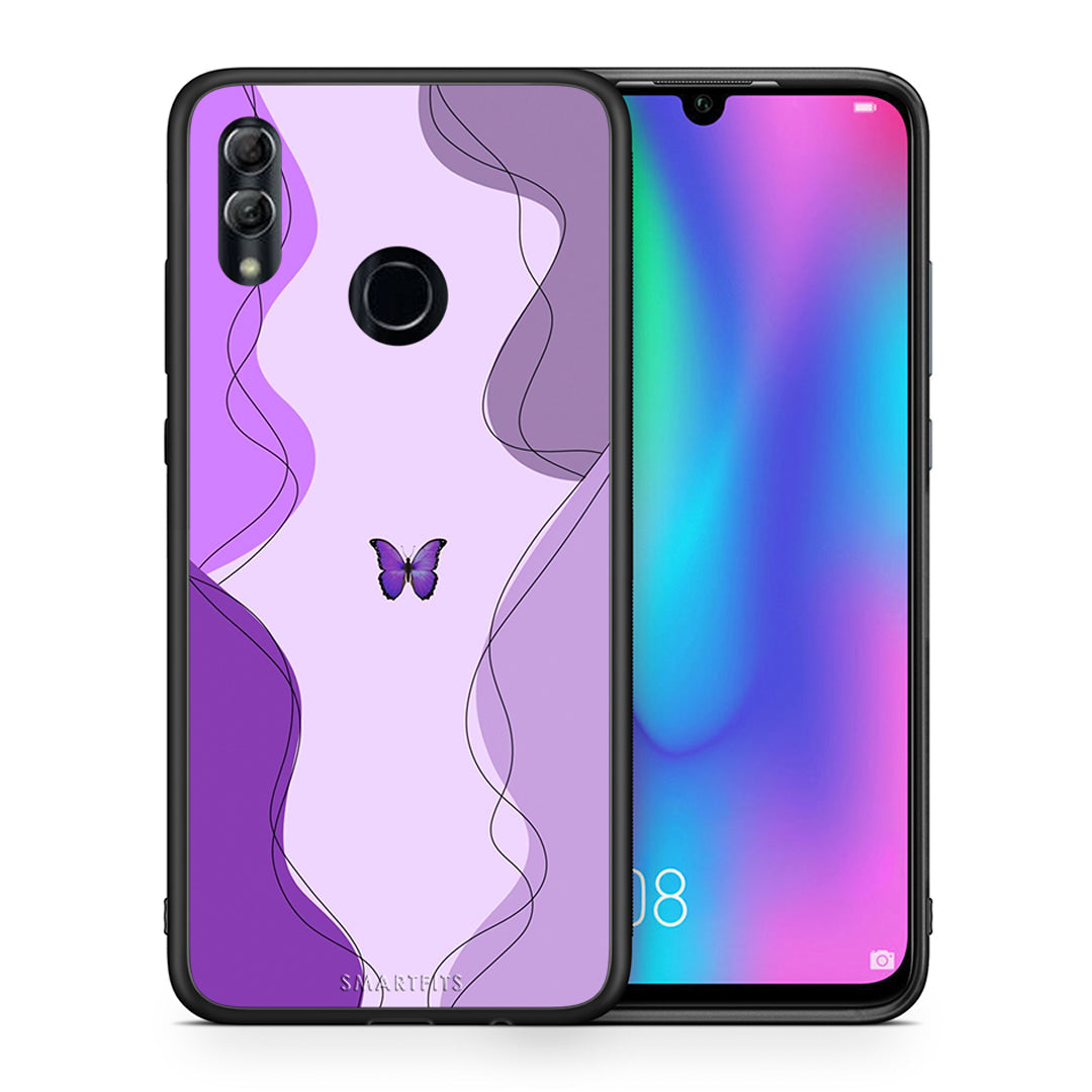 Θήκη Αγίου Βαλεντίνου Honor 8x Purple Mariposa από τη Smartfits με σχέδιο στο πίσω μέρος και μαύρο περίβλημα | Honor 8x Purple Mariposa case with colorful back and black bezels