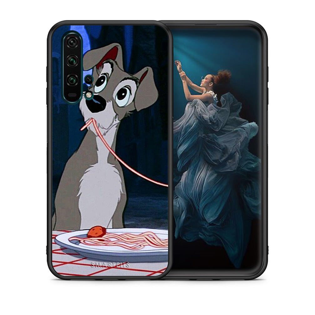 Θήκη Αγίου Βαλεντίνου Honor 20 Pro Lady And Tramp 1 από τη Smartfits με σχέδιο στο πίσω μέρος και μαύρο περίβλημα | Honor 20 Pro Lady And Tramp 1 case with colorful back and black bezels