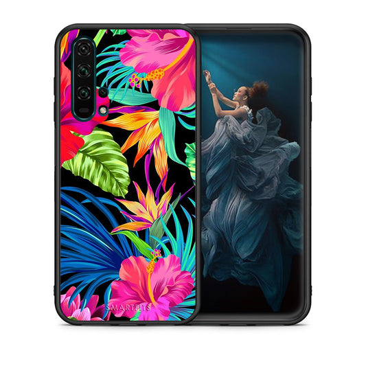 Θήκη Honor 20 Pro Tropical Flowers από τη Smartfits με σχέδιο στο πίσω μέρος και μαύρο περίβλημα | Honor 20 Pro Tropical Flowers case with colorful back and black bezels