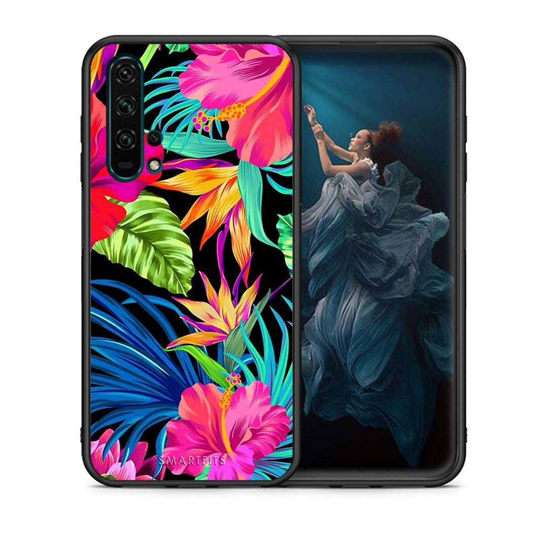 Θήκη Honor 20 Pro Tropical Flowers από τη Smartfits με σχέδιο στο πίσω μέρος και μαύρο περίβλημα | Honor 20 Pro Tropical Flowers case with colorful back and black bezels