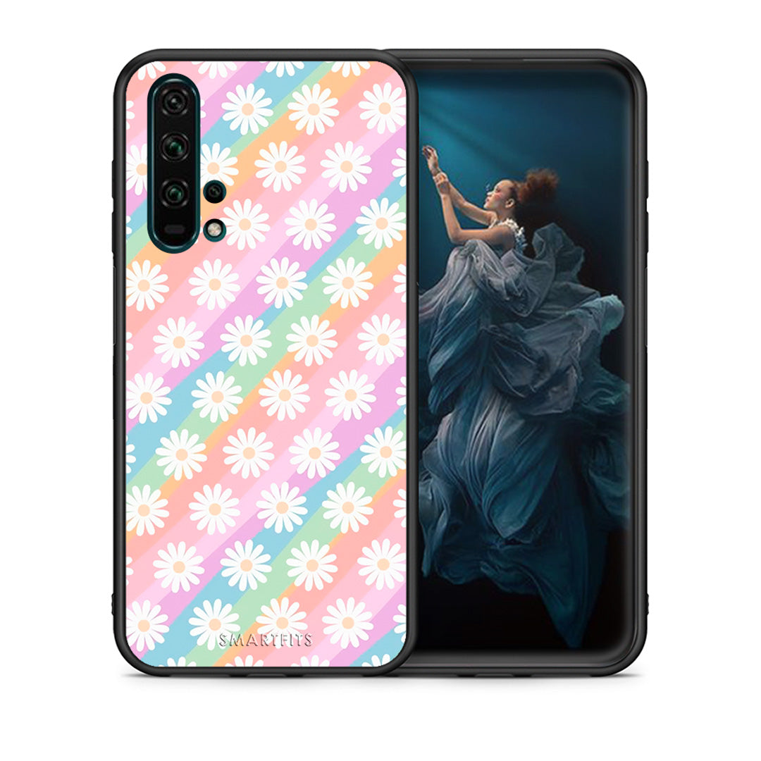 Θήκη Honor 20 Pro White Daisies από τη Smartfits με σχέδιο στο πίσω μέρος και μαύρο περίβλημα | Honor 20 Pro White Daisies case with colorful back and black bezels