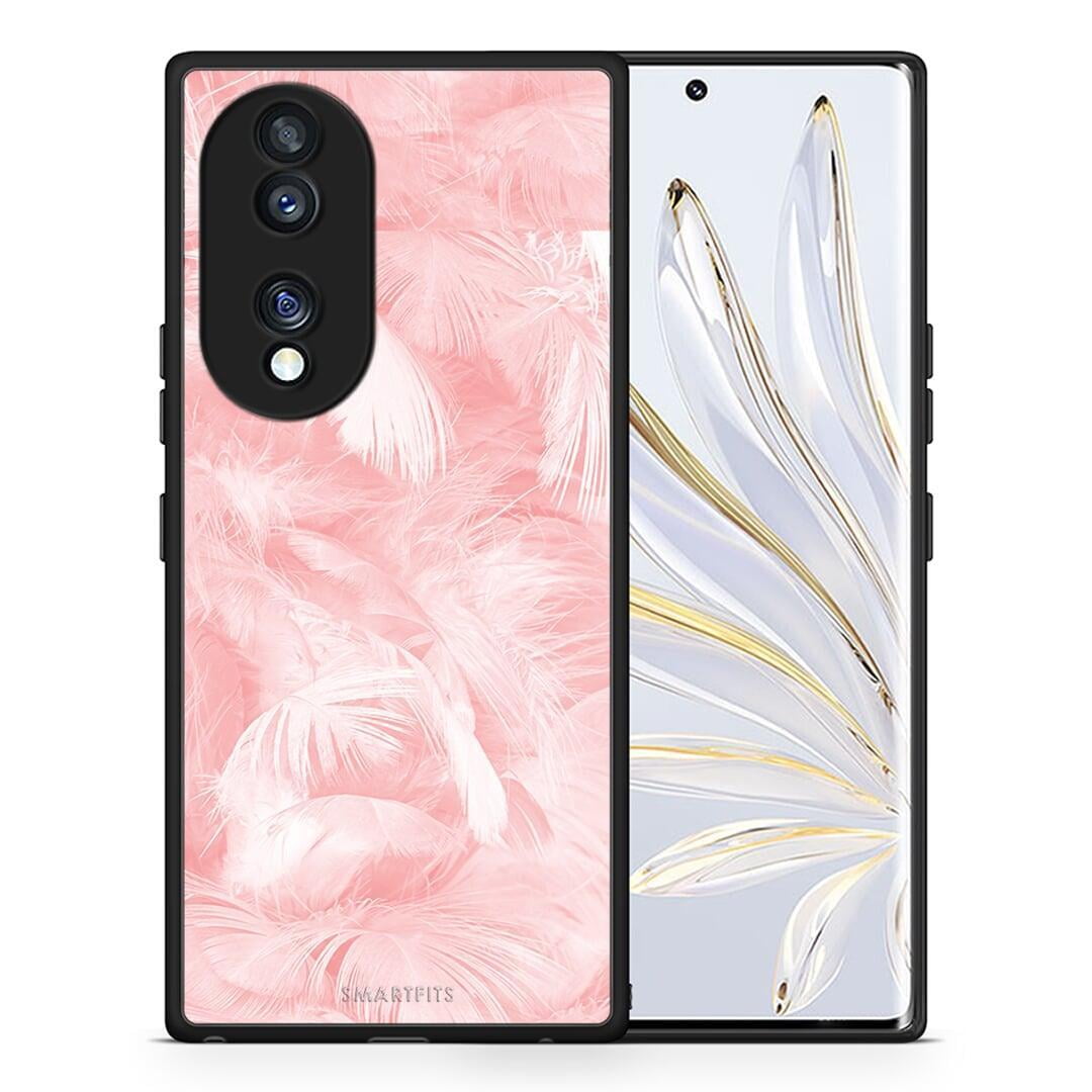 Θήκη Honor 70 5G Boho Pink Feather από τη Smartfits με σχέδιο στο πίσω μέρος και μαύρο περίβλημα | Honor 70 5G Boho Pink Feather Case with Colorful Back and Black Bezels