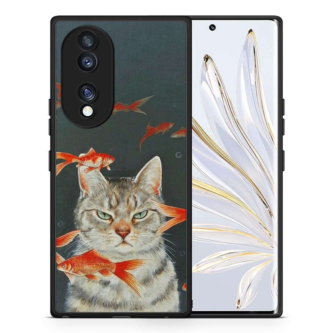 Θήκη Honor 70 5G Cat Goldfish από τη Smartfits με σχέδιο στο πίσω μέρος και μαύρο περίβλημα | Honor 70 5G Cat Goldfish Case with Colorful Back and Black Bezels