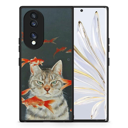 Θήκη Honor 70 5G Cat Goldfish από τη Smartfits με σχέδιο στο πίσω μέρος και μαύρο περίβλημα | Honor 70 5G Cat Goldfish Case with Colorful Back and Black Bezels