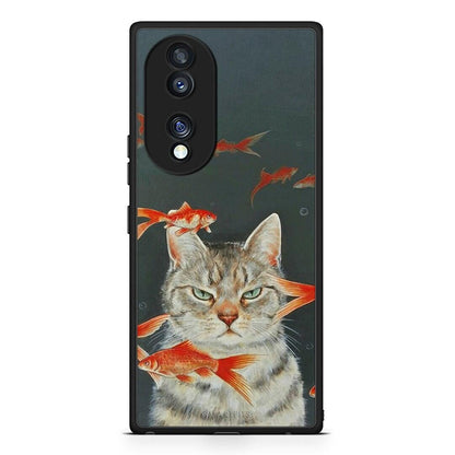 Θήκη Honor 70 5G Cat Goldfish από τη Smartfits με σχέδιο στο πίσω μέρος και μαύρο περίβλημα | Honor 70 5G Cat Goldfish Case with Colorful Back and Black Bezels