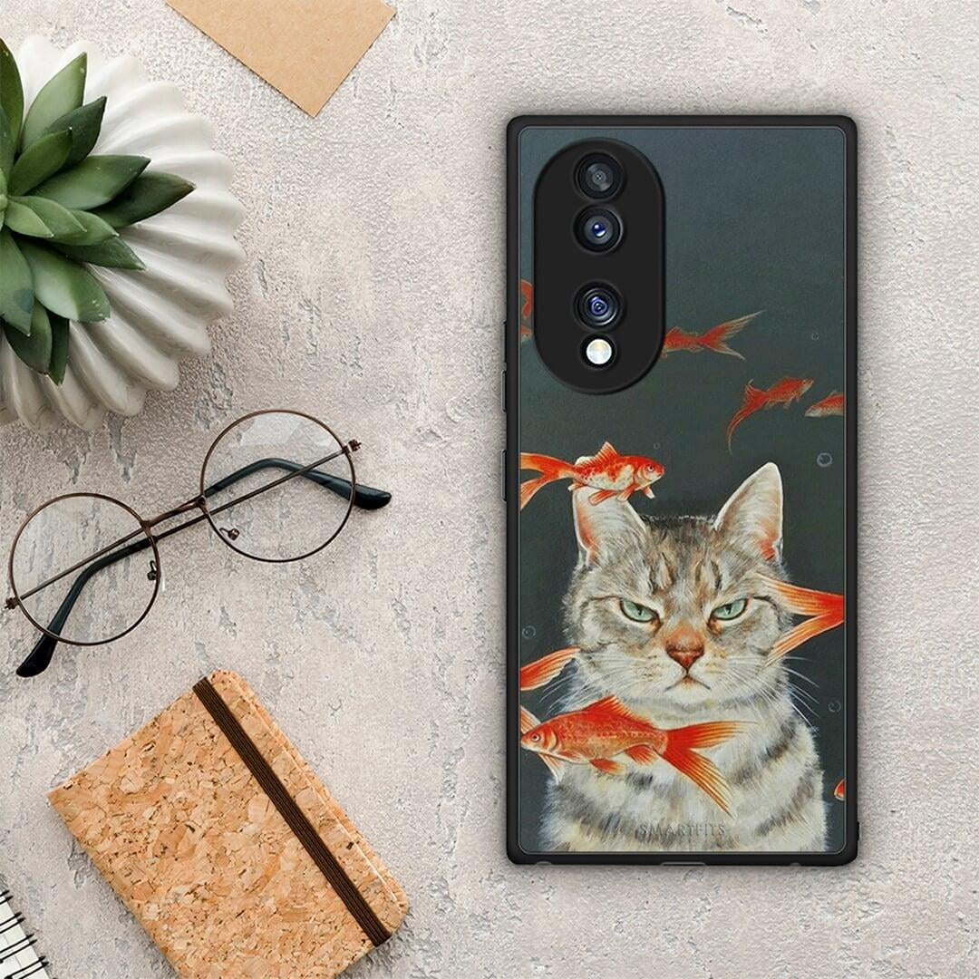 Θήκη Honor 70 5G Cat Goldfish από τη Smartfits με σχέδιο στο πίσω μέρος και μαύρο περίβλημα | Honor 70 5G Cat Goldfish Case with Colorful Back and Black Bezels