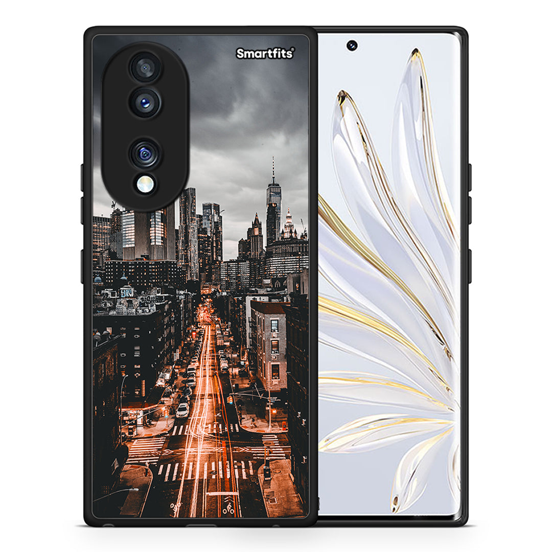 Θήκη Honor 70 5G City Lights από τη Smartfits με σχέδιο στο πίσω μέρος και μαύρο περίβλημα | Honor 70 5G City Lights Case with Colorful Back and Black Bezels