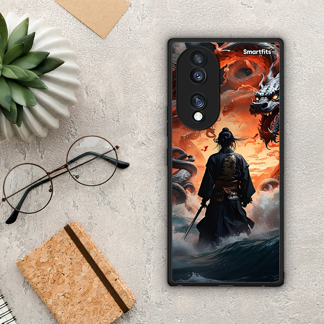 Θήκη Honor 70 5G Dragons Fight από τη Smartfits με σχέδιο στο πίσω μέρος και μαύρο περίβλημα | Honor 70 5G Dragons Fight Case with Colorful Back and Black Bezels