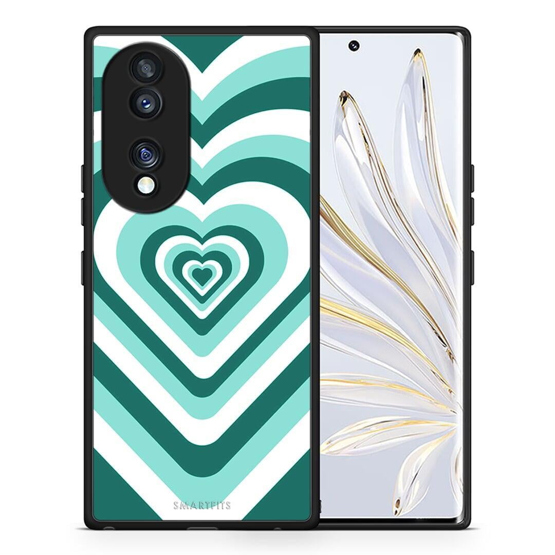 Θήκη Honor 70 5G Green Hearts από τη Smartfits με σχέδιο στο πίσω μέρος και μαύρο περίβλημα | Honor 70 5G Green Hearts Case with Colorful Back and Black Bezels