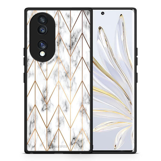 Θήκη Honor 70 5G Marble Gold Geometric από τη Smartfits με σχέδιο στο πίσω μέρος και μαύρο περίβλημα | Honor 70 5G Marble Gold Geometric Case with Colorful Back and Black Bezels