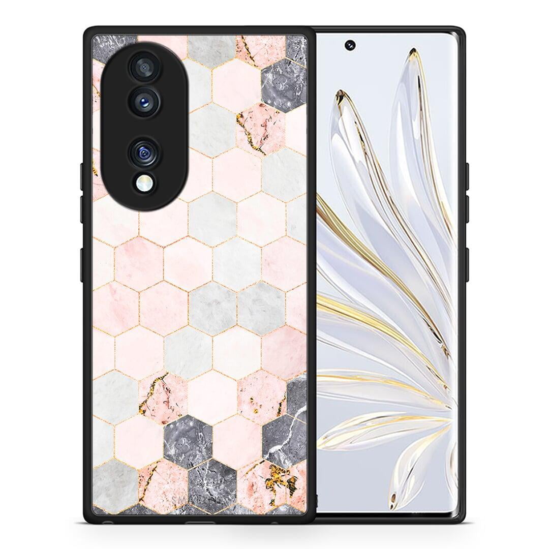 Θήκη Honor 70 5G Marble Hexagon Pink από τη Smartfits με σχέδιο στο πίσω μέρος και μαύρο περίβλημα | Honor 70 5G Marble Hexagon Pink Case with Colorful Back and Black Bezels