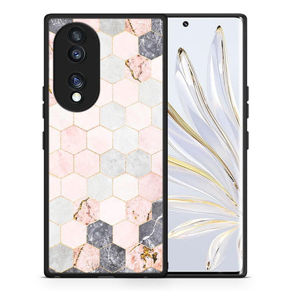 Θήκη Honor 70 5G Marble Hexagon Pink από τη Smartfits με σχέδιο στο πίσω μέρος και μαύρο περίβλημα | Honor 70 5G Marble Hexagon Pink Case with Colorful Back and Black Bezels