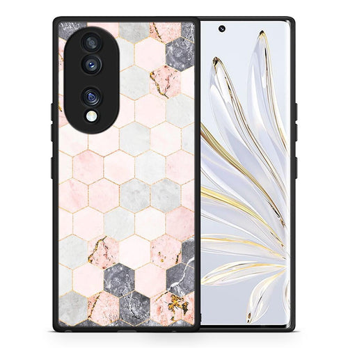 Θήκη Honor 70 5G Marble Hexagon Pink από τη Smartfits με σχέδιο στο πίσω μέρος και μαύρο περίβλημα | Honor 70 5G Marble Hexagon Pink Case with Colorful Back and Black Bezels