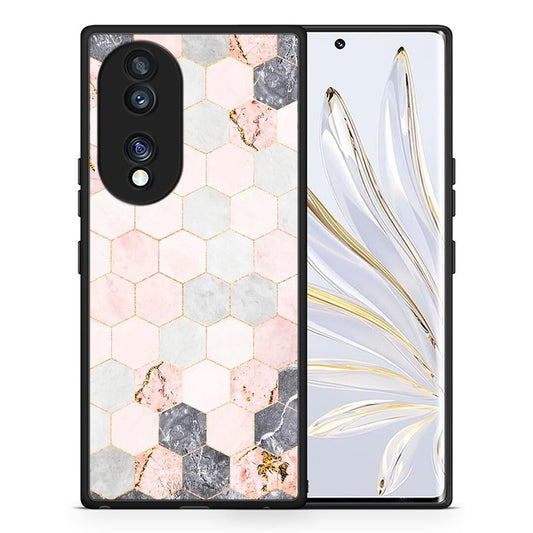 Θήκη Honor 70 5G Marble Hexagon Pink από τη Smartfits με σχέδιο στο πίσω μέρος και μαύρο περίβλημα | Honor 70 5G Marble Hexagon Pink Case with Colorful Back and Black Bezels