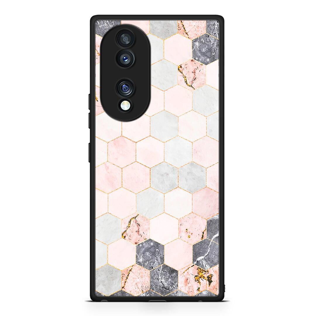 Θήκη Honor 70 5G Marble Hexagon Pink από τη Smartfits με σχέδιο στο πίσω μέρος και μαύρο περίβλημα | Honor 70 5G Marble Hexagon Pink Case with Colorful Back and Black Bezels