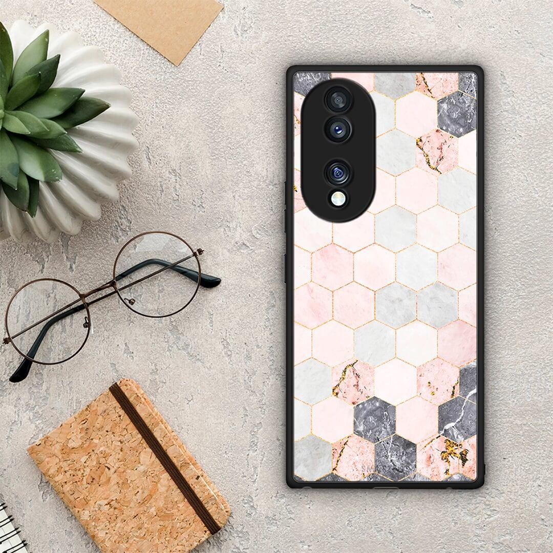 Θήκη Honor 70 5G Marble Hexagon Pink από τη Smartfits με σχέδιο στο πίσω μέρος και μαύρο περίβλημα | Honor 70 5G Marble Hexagon Pink Case with Colorful Back and Black Bezels