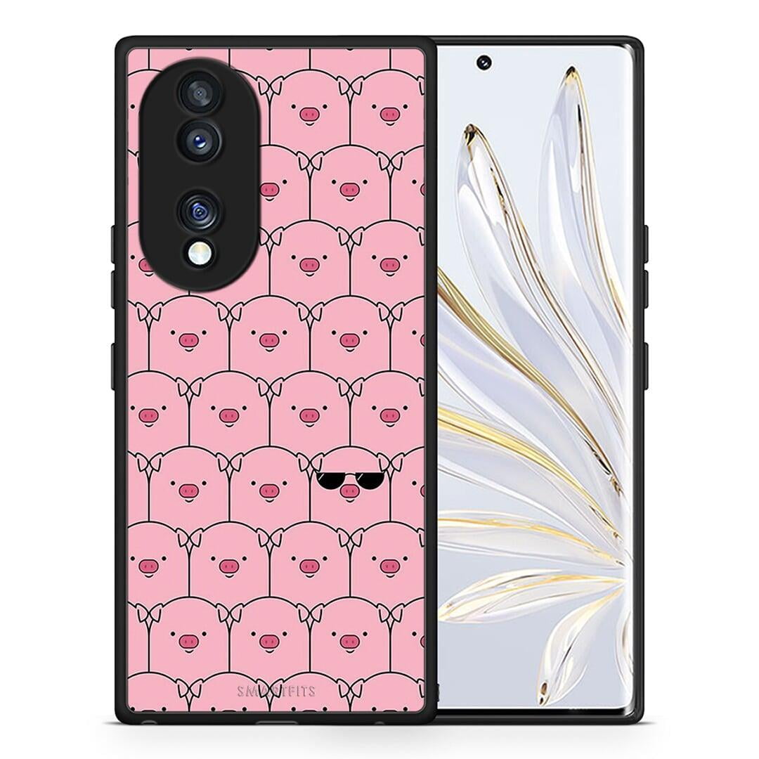 Θήκη Honor 70 5G Pig Glasses από τη Smartfits με σχέδιο στο πίσω μέρος και μαύρο περίβλημα | Honor 70 5G Pig Glasses Case with Colorful Back and Black Bezels