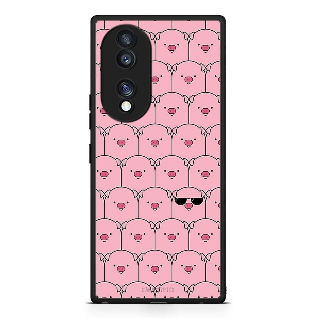 Θήκη Honor 70 5G Pig Glasses από τη Smartfits με σχέδιο στο πίσω μέρος και μαύρο περίβλημα | Honor 70 5G Pig Glasses Case with Colorful Back and Black Bezels