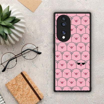 Θήκη Honor 70 5G Pig Glasses από τη Smartfits με σχέδιο στο πίσω μέρος και μαύρο περίβλημα | Honor 70 5G Pig Glasses Case with Colorful Back and Black Bezels