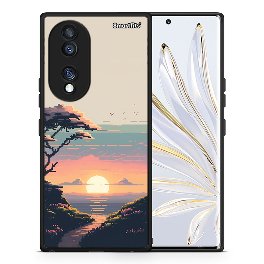 Θήκη Honor 70 5G Pixel Sunset από τη Smartfits με σχέδιο στο πίσω μέρος και μαύρο περίβλημα | Honor 70 5G Pixel Sunset Case with Colorful Back and Black Bezels