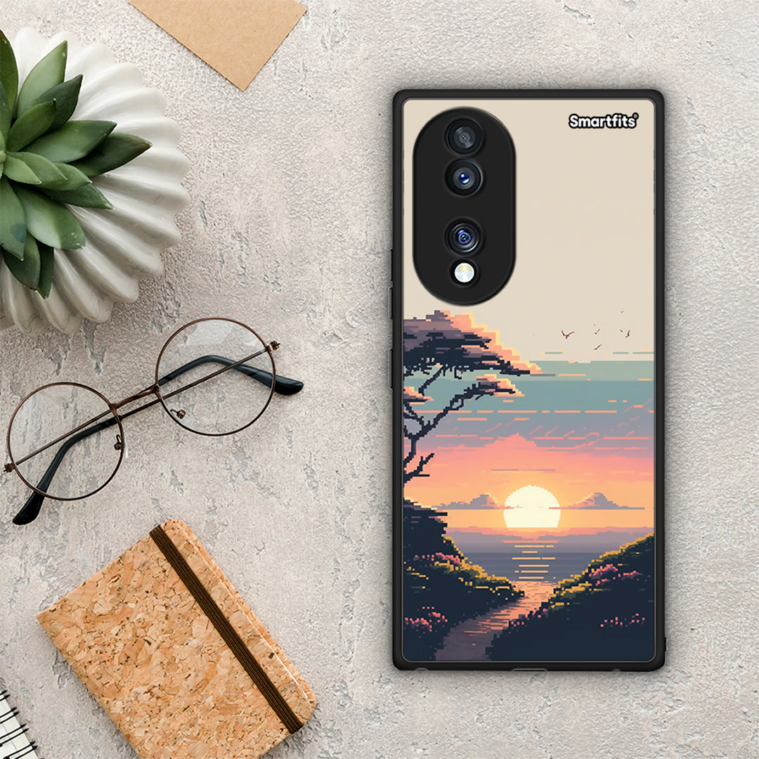 Θήκη Honor 70 5G Pixel Sunset από τη Smartfits με σχέδιο στο πίσω μέρος και μαύρο περίβλημα | Honor 70 5G Pixel Sunset Case with Colorful Back and Black Bezels