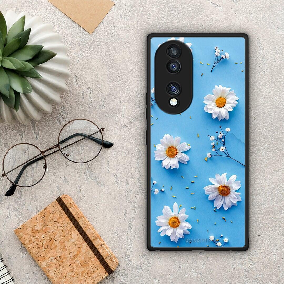 Θήκη Honor 70 5G Real Daisies από τη Smartfits με σχέδιο στο πίσω μέρος και μαύρο περίβλημα | Honor 70 5G Real Daisies Case with Colorful Back and Black Bezels