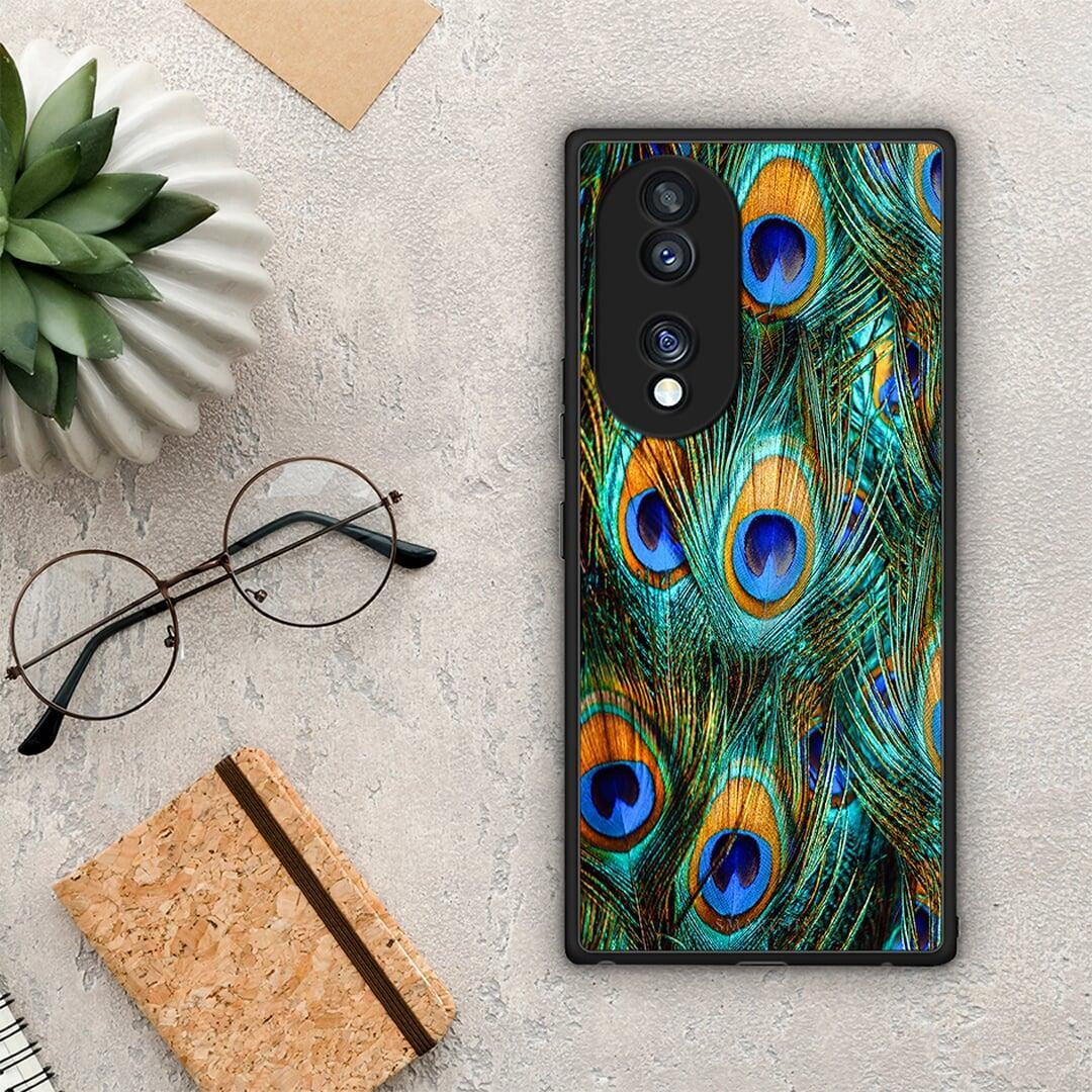 Θήκη Honor 70 5G Real Peacock Feathers από τη Smartfits με σχέδιο στο πίσω μέρος και μαύρο περίβλημα | Honor 70 5G Real Peacock Feathers Case with Colorful Back and Black Bezels