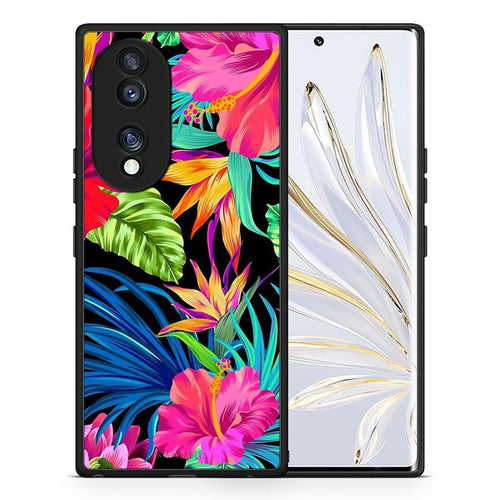 Θήκη Honor 70 5G Tropical Flowers από τη Smartfits με σχέδιο στο πίσω μέρος και μαύρο περίβλημα | Honor 70 5G Tropical Flowers Case with Colorful Back and Black Bezels