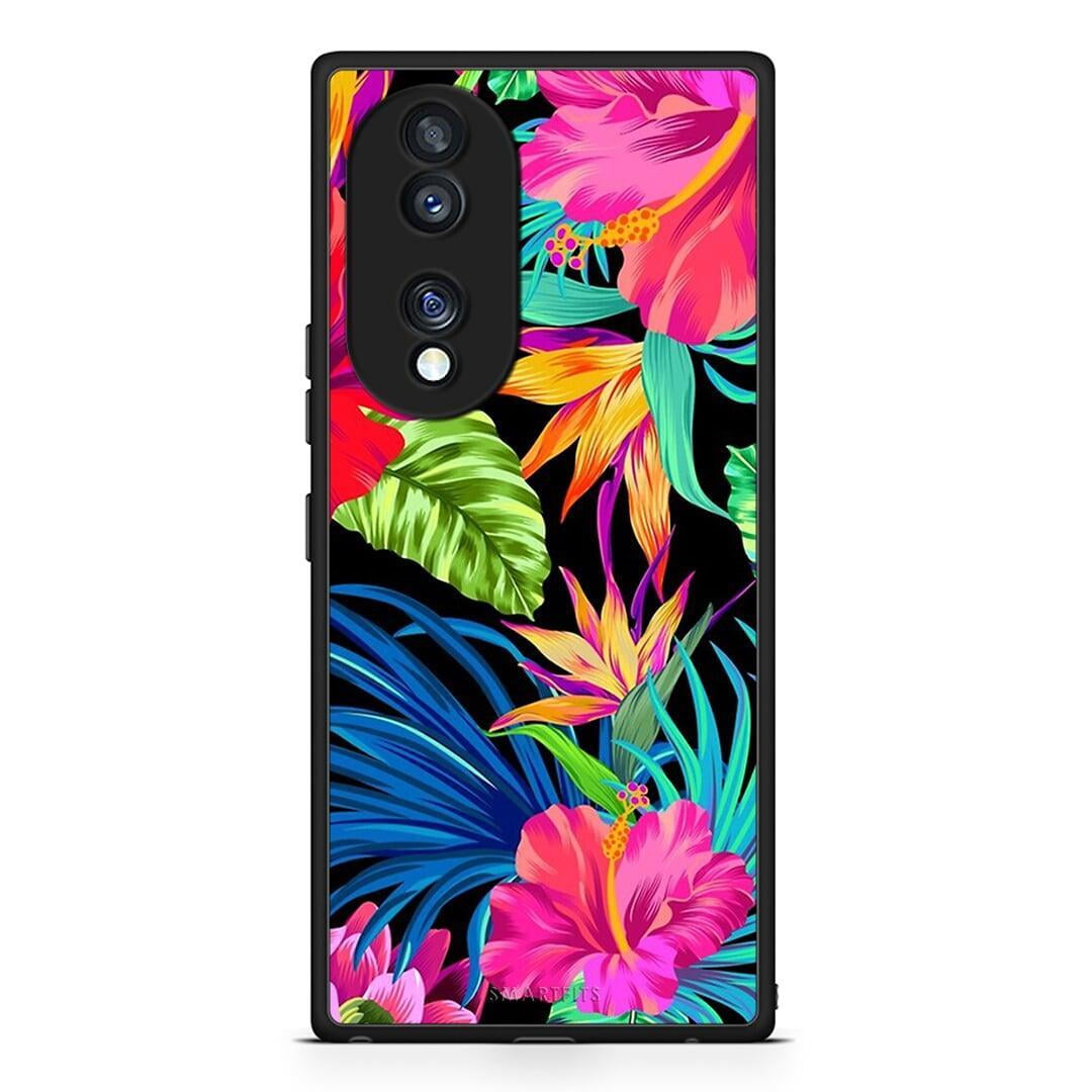 Θήκη Honor 70 5G Tropical Flowers από τη Smartfits με σχέδιο στο πίσω μέρος και μαύρο περίβλημα | Honor 70 5G Tropical Flowers Case with Colorful Back and Black Bezels