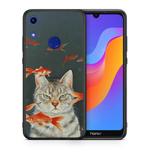 Θήκη Honor 8A Cat Goldfish από τη Smartfits με σχέδιο στο πίσω μέρος και μαύρο περίβλημα | Honor 8A Cat Goldfish case with colorful back and black bezels