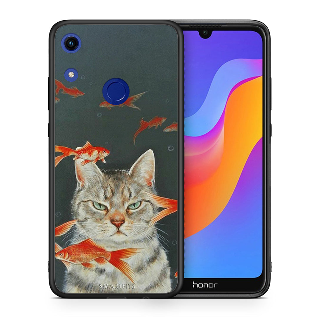 Θήκη Honor 8A Cat Goldfish από τη Smartfits με σχέδιο στο πίσω μέρος και μαύρο περίβλημα | Honor 8A Cat Goldfish case with colorful back and black bezels