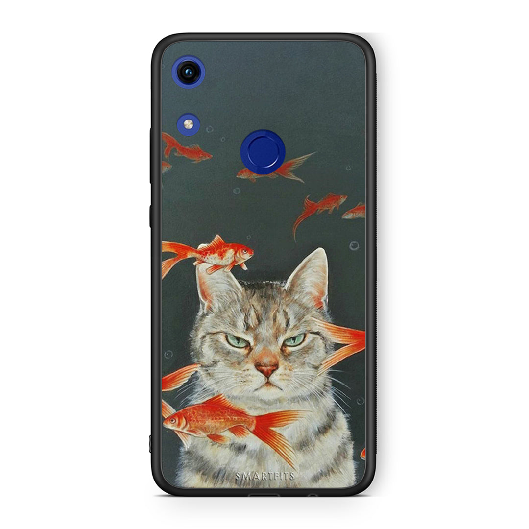 Honor 8A Cat Goldfish θήκη από τη Smartfits με σχέδιο στο πίσω μέρος και μαύρο περίβλημα | Smartphone case with colorful back and black bezels by Smartfits