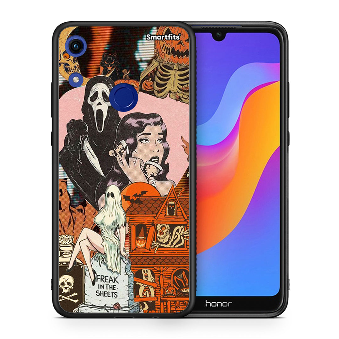 Θήκη Honor 8A Halloween Collage από τη Smartfits με σχέδιο στο πίσω μέρος και μαύρο περίβλημα | Honor 8A Halloween Collage case with colorful back and black bezels