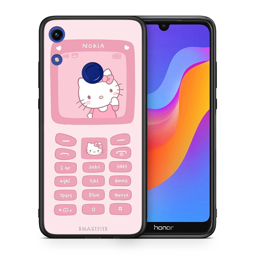 Θήκη Αγίου Βαλεντίνου Honor 8A Hello Kitten από τη Smartfits με σχέδιο στο πίσω μέρος και μαύρο περίβλημα | Honor 8A Hello Kitten case with colorful back and black bezels