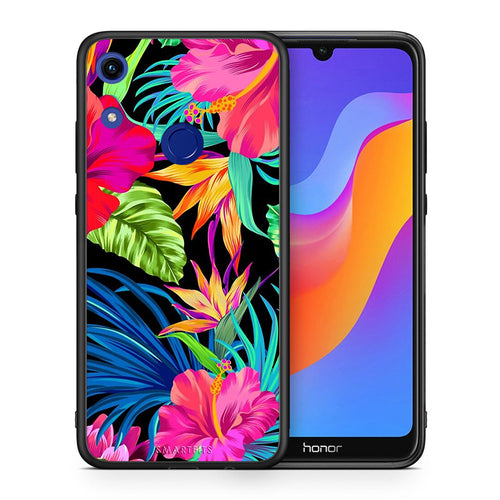 Θήκη Honor 8A Tropical Flowers από τη Smartfits με σχέδιο στο πίσω μέρος και μαύρο περίβλημα | Honor 8A Tropical Flowers case with colorful back and black bezels