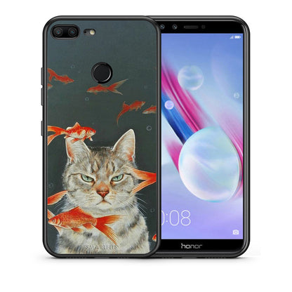 Θήκη Honor 9 Lite Cat Goldfish από τη Smartfits με σχέδιο στο πίσω μέρος και μαύρο περίβλημα | Honor 9 Lite Cat Goldfish case with colorful back and black bezels