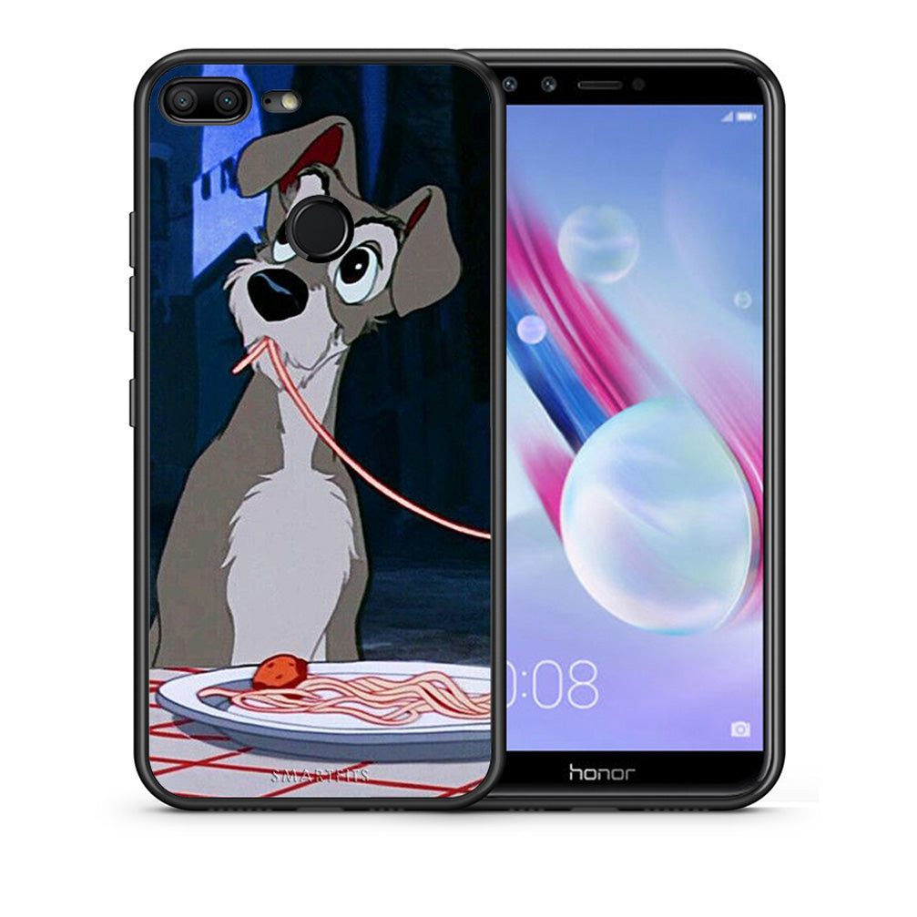 Θήκη Αγίου Βαλεντίνου Honor 9 Lite Lady And Tramp 1 από τη Smartfits με σχέδιο στο πίσω μέρος και μαύρο περίβλημα | Honor 9 Lite Lady And Tramp 1 case with colorful back and black bezels
