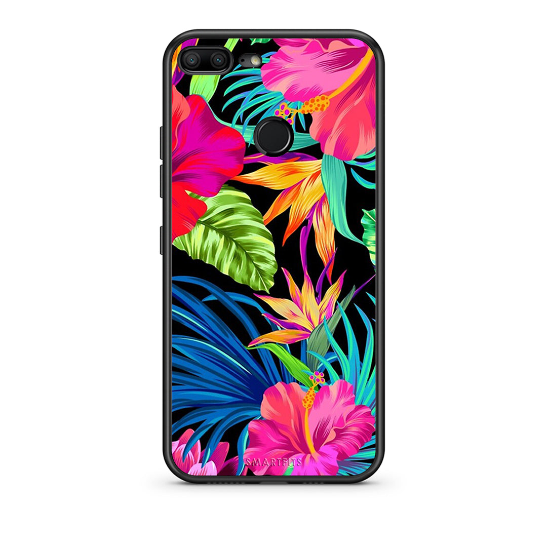 Honor 9 Lite Tropical Flowers θήκη από τη Smartfits με σχέδιο στο πίσω μέρος και μαύρο περίβλημα | Smartphone case with colorful back and black bezels by Smartfits
