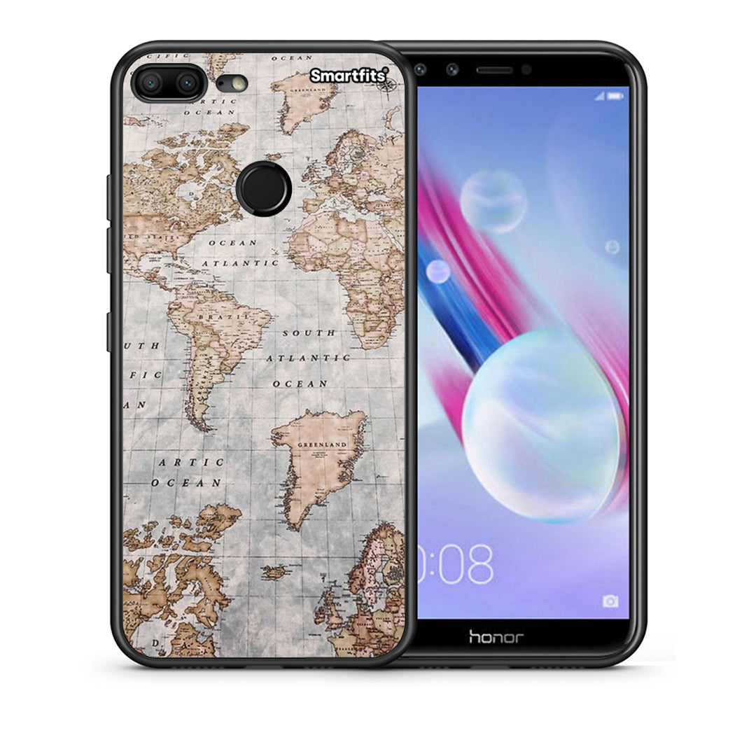 Θήκη Honor 9 Lite World Map από τη Smartfits με σχέδιο στο πίσω μέρος και μαύρο περίβλημα | Honor 9 Lite World Map case with colorful back and black bezels
