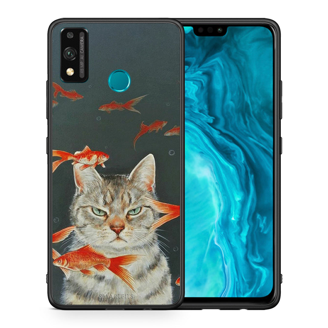 Θήκη Honor 9X Lite Cat Goldfish από τη Smartfits με σχέδιο στο πίσω μέρος και μαύρο περίβλημα | Honor 9X Lite Cat Goldfish case with colorful back and black bezels