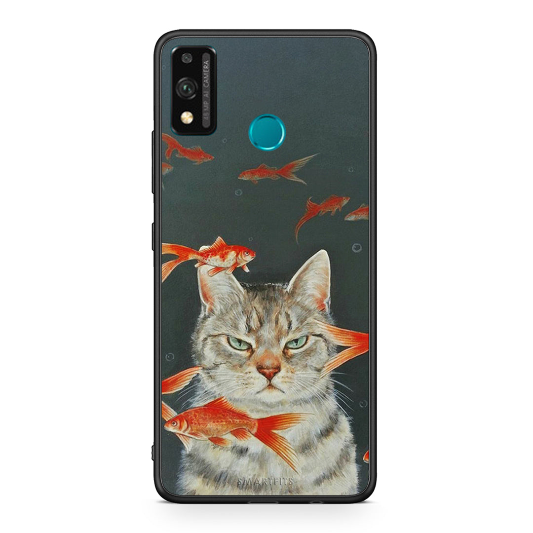 Honor 9X Lite Cat Goldfish θήκη από τη Smartfits με σχέδιο στο πίσω μέρος και μαύρο περίβλημα | Smartphone case with colorful back and black bezels by Smartfits