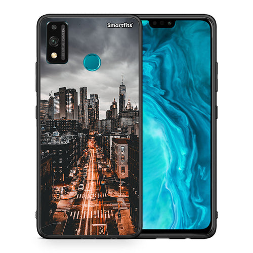 Θήκη Honor 9X Lite City Lights από τη Smartfits με σχέδιο στο πίσω μέρος και μαύρο περίβλημα | Honor 9X Lite City Lights case with colorful back and black bezels