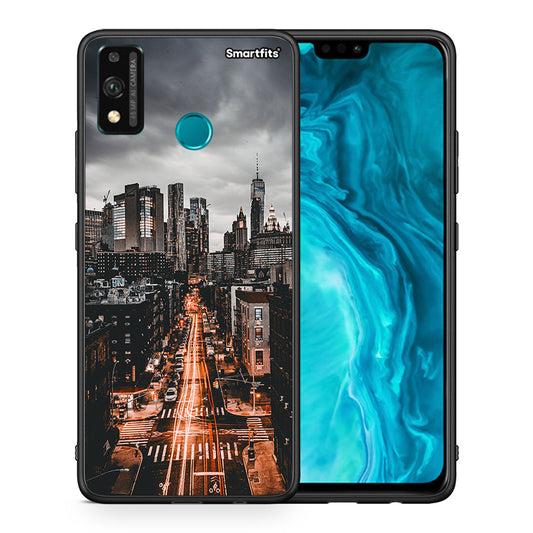 Θήκη Honor 9X Lite City Lights από τη Smartfits με σχέδιο στο πίσω μέρος και μαύρο περίβλημα | Honor 9X Lite City Lights case with colorful back and black bezels