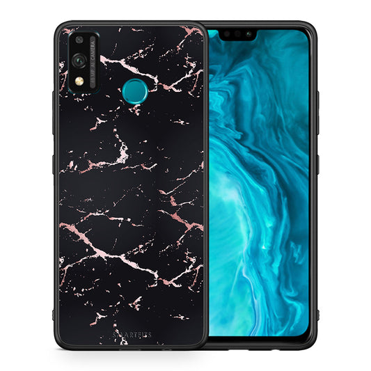 Θήκη Honor 9X Lite Black Rosegold Marble από τη Smartfits με σχέδιο στο πίσω μέρος και μαύρο περίβλημα | Honor 9X Lite Black Rosegold Marble case with colorful back and black bezels