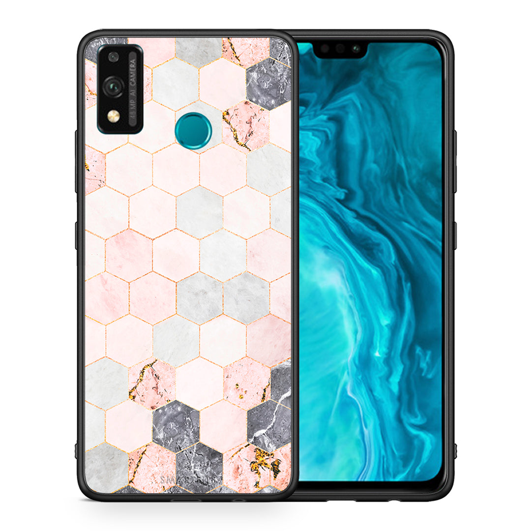 Θήκη Honor 9X Lite Hexagon Pink Marble από τη Smartfits με σχέδιο στο πίσω μέρος και μαύρο περίβλημα | Honor 9X Lite Hexagon Pink Marble case with colorful back and black bezels