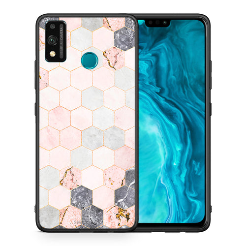 Θήκη Honor 9X Lite Hexagon Pink Marble από τη Smartfits με σχέδιο στο πίσω μέρος και μαύρο περίβλημα | Honor 9X Lite Hexagon Pink Marble case with colorful back and black bezels