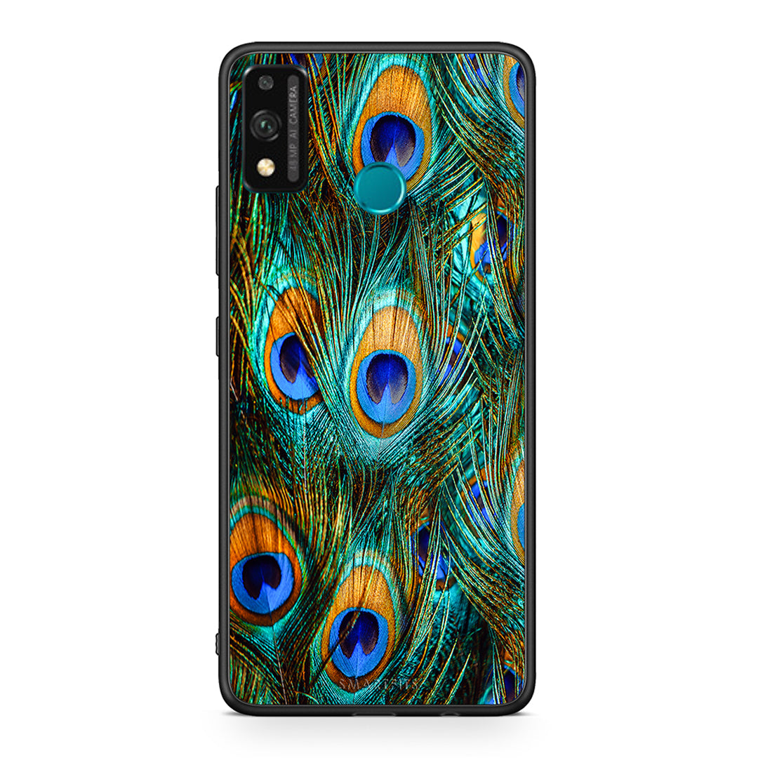 Honor 9X Lite Real Peacock Feathers θήκη από τη Smartfits με σχέδιο στο πίσω μέρος και μαύρο περίβλημα | Smartphone case with colorful back and black bezels by Smartfits