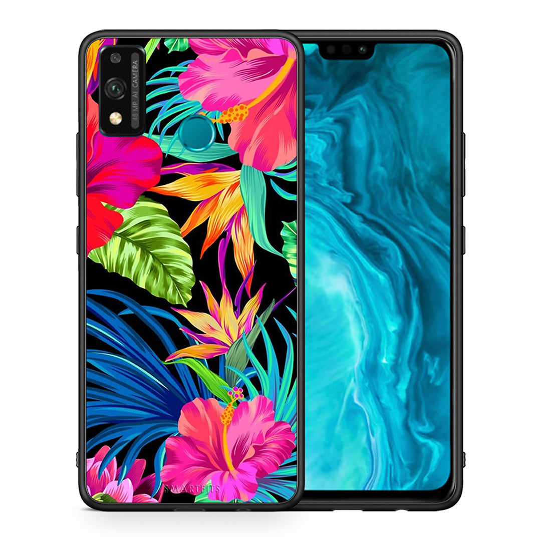 Θήκη Honor 9X Lite Tropical Flowers από τη Smartfits με σχέδιο στο πίσω μέρος και μαύρο περίβλημα | Honor 9X Lite Tropical Flowers case with colorful back and black bezels